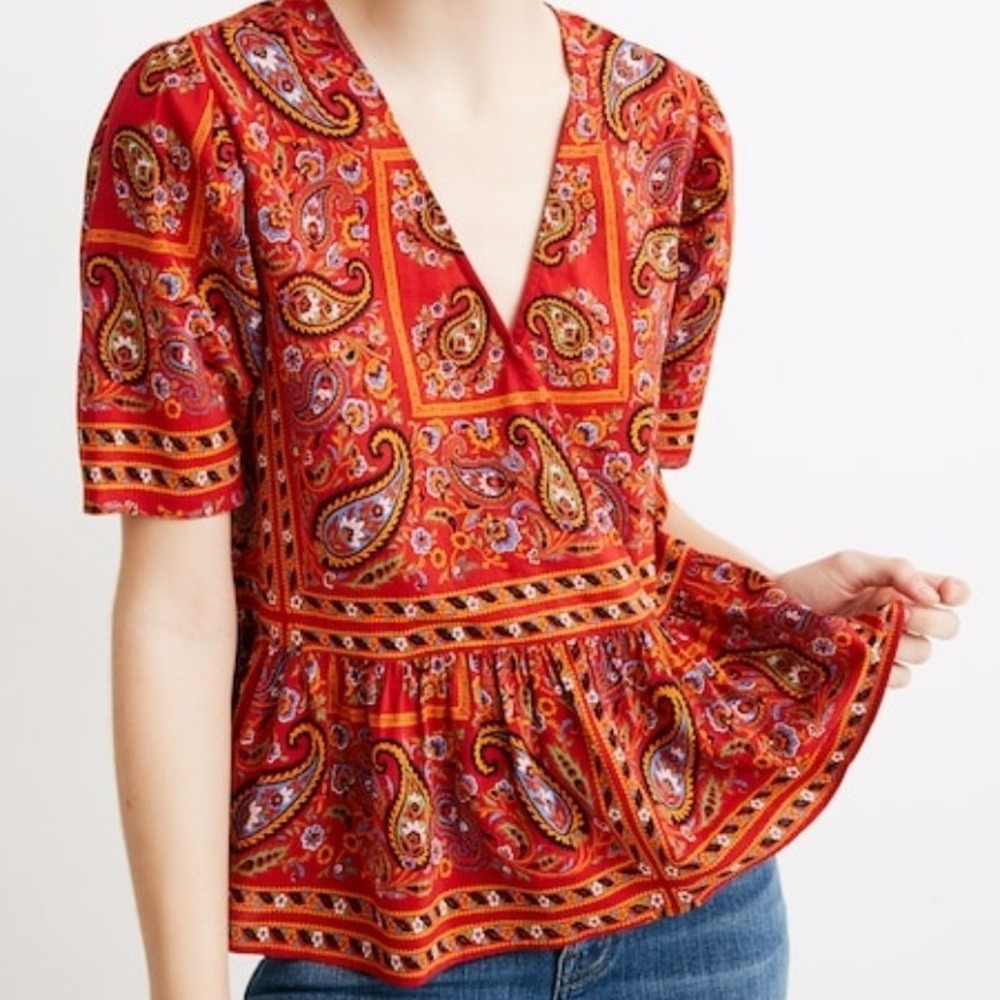 Madewell Paisley Print Peplum Top‎ Red Boho Festival Blouse Medium - Picture 2 of 7